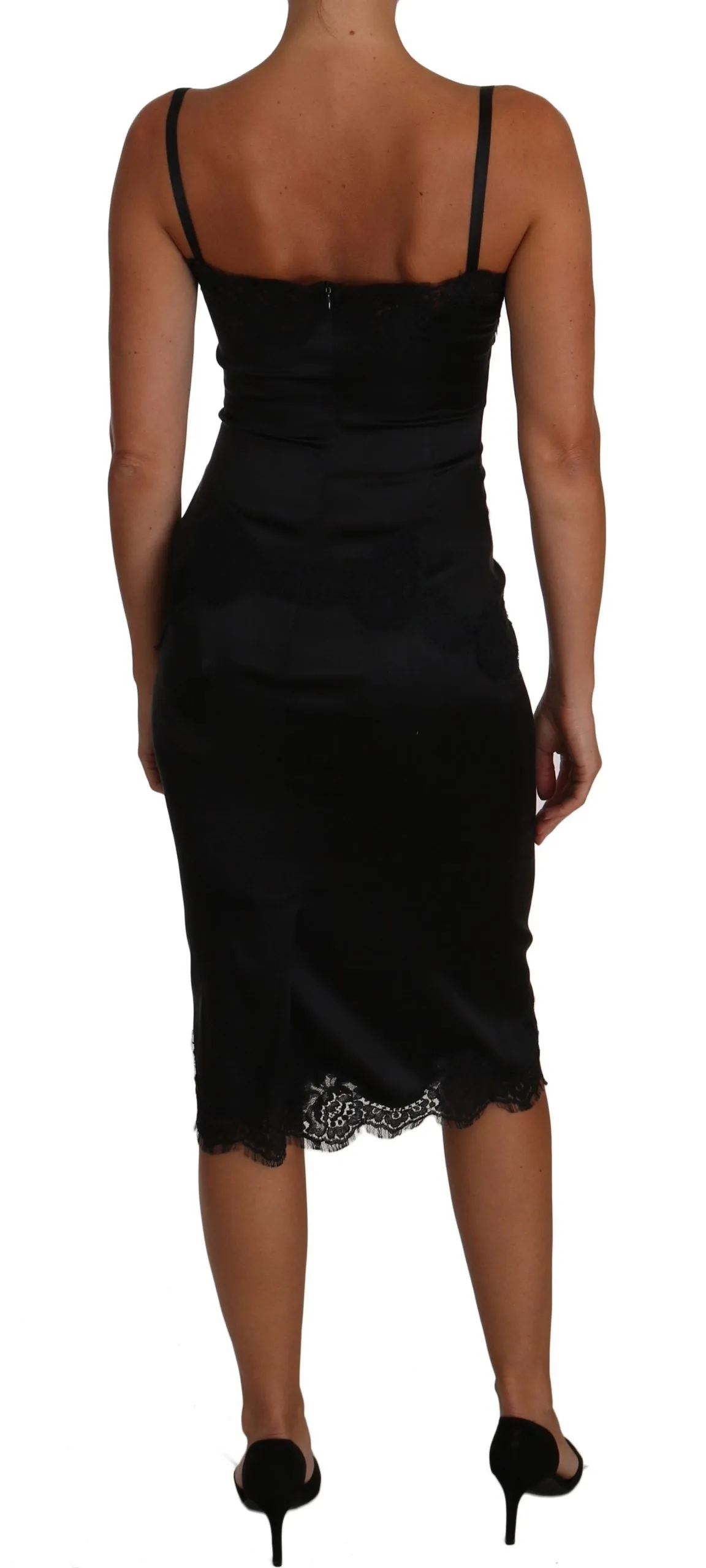 Black Silk Stretch Black Lace Bodycon Dress