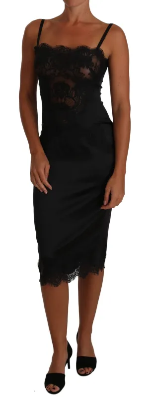 Black Silk Stretch Black Lace Bodycon Dress