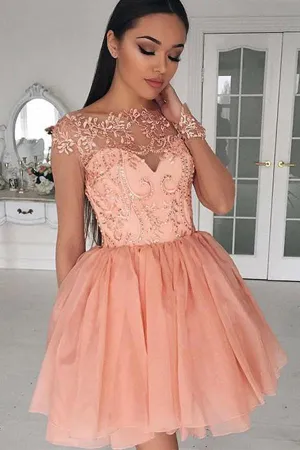 Blush Pink Cap Sleeves Beaded Short Prom Dresses, Homecoming Dresses, MH142