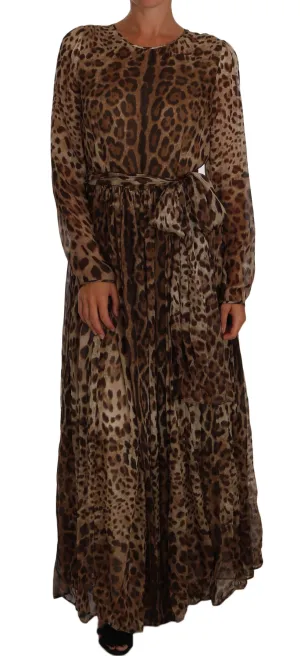 Brown Leopard Silk Full Gown Maxi Dress
