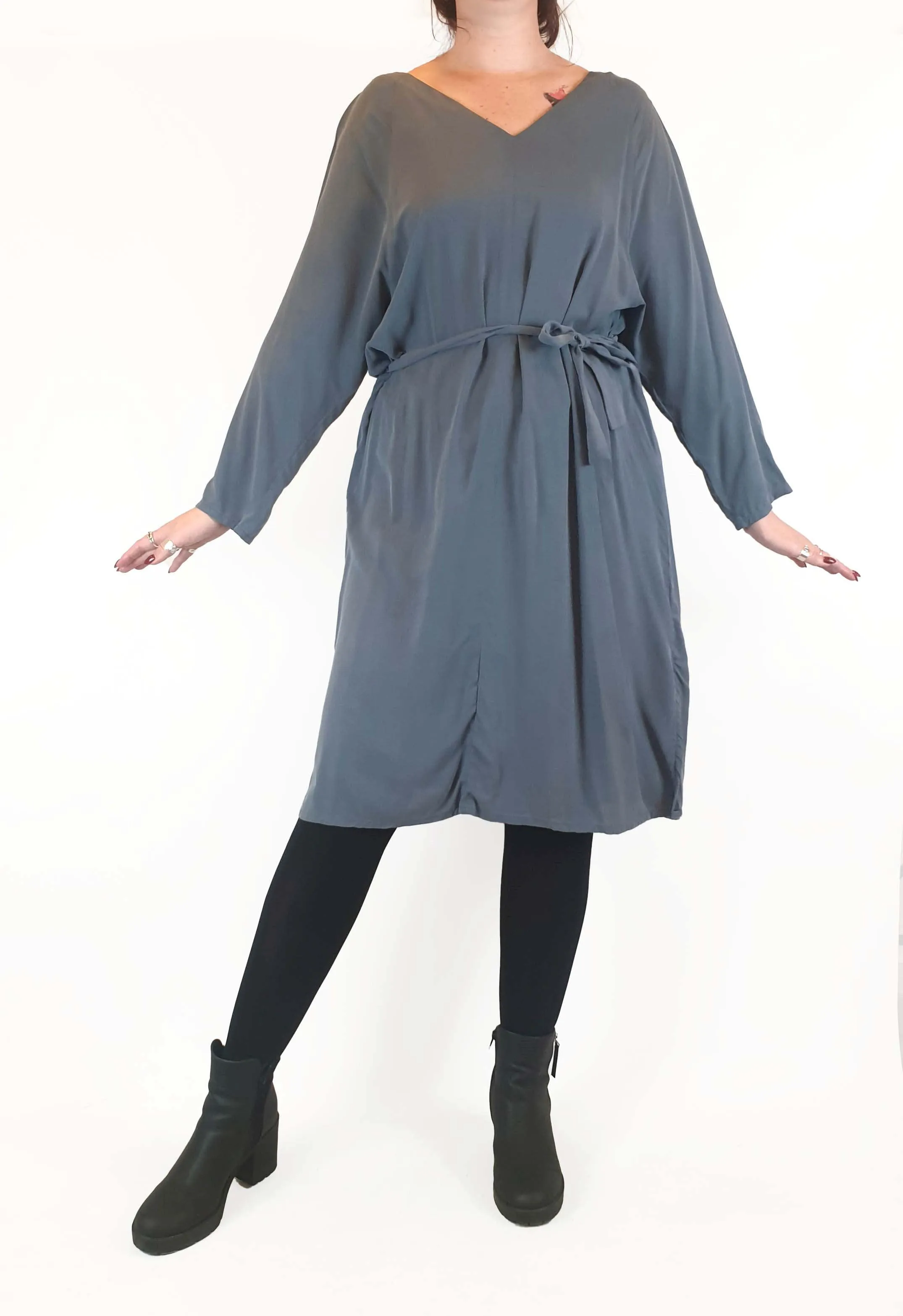 Bul 100% silk dark grey blue long sleeve dress size 12