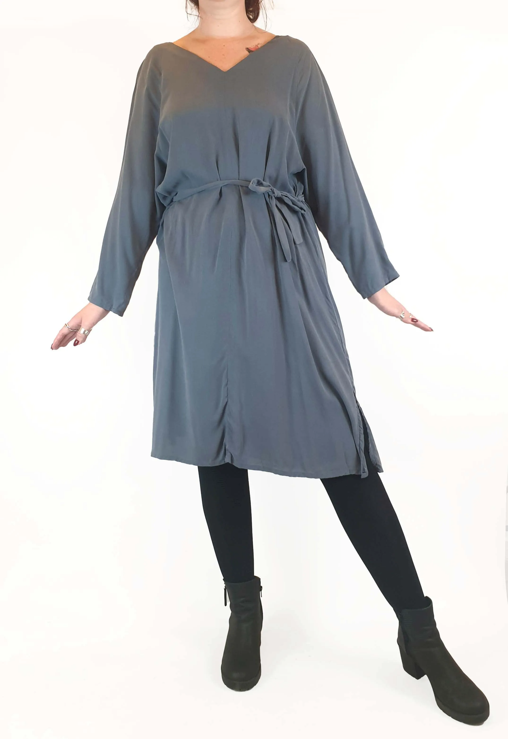 Bul 100% silk dark grey blue long sleeve dress size 12