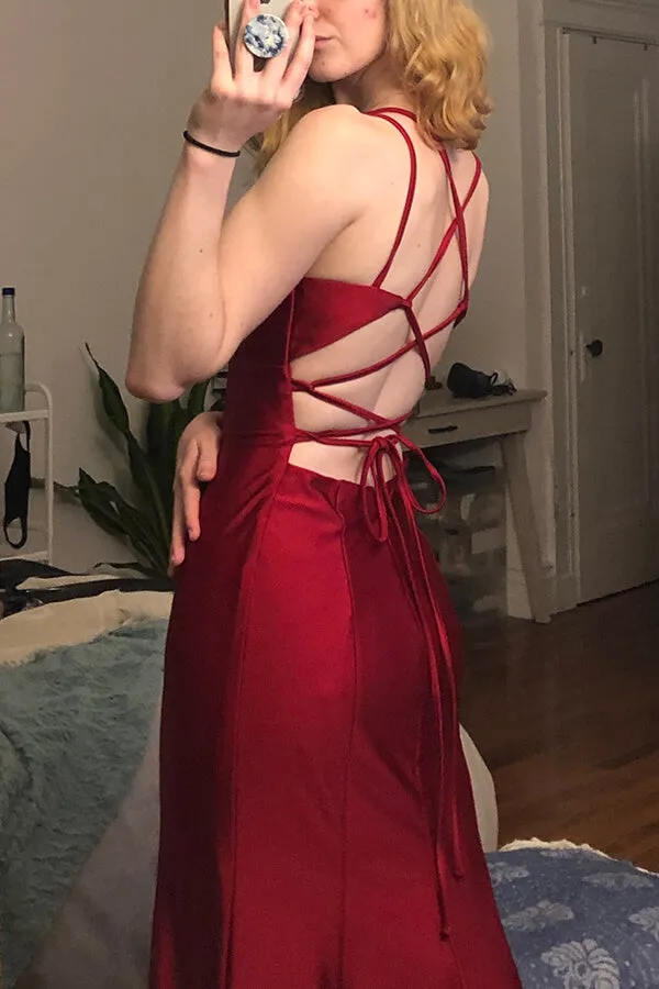 Burgundy Satin Mermaid V-neck Spaghetti Straps Long Prom Dresses, MP925