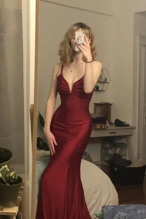 Burgundy Satin Mermaid V-neck Spaghetti Straps Long Prom Dresses, MP925