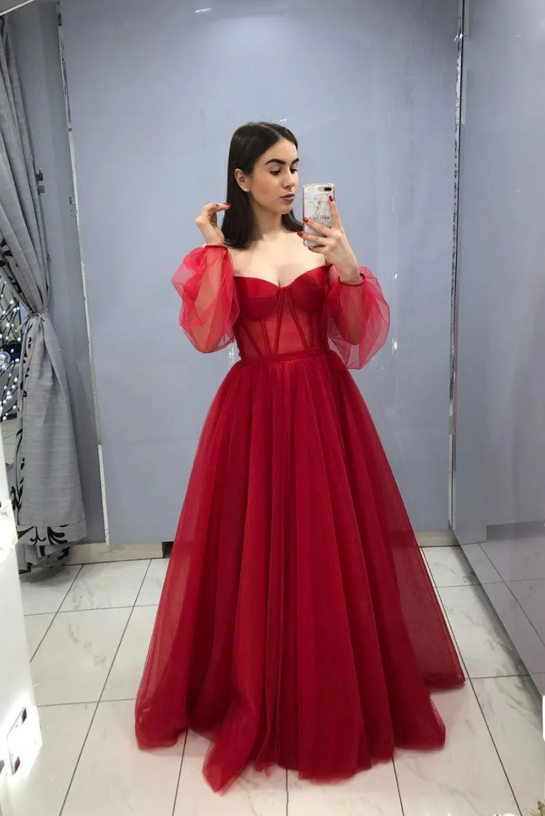 Burgundy sweetheart tulle long prom dress burgundy evening dress