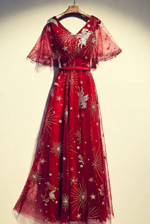 Burgundy tulle lace long prom dress, burgundy evening dress