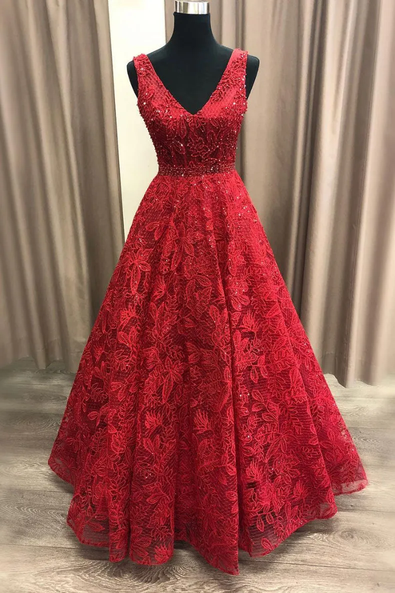 Burgundy v neck lace long prom dress, burgundy evening dress