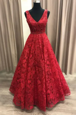 Burgundy v neck lace long prom dress, burgundy evening dress