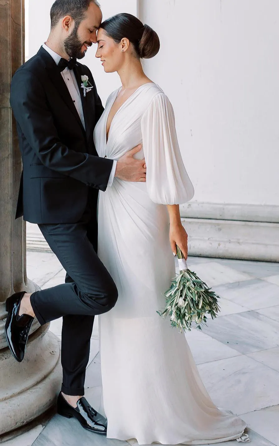 Casual Sheath Plunging Neckline Chiffon Wedding Dress With Open Back And Split Front-716610