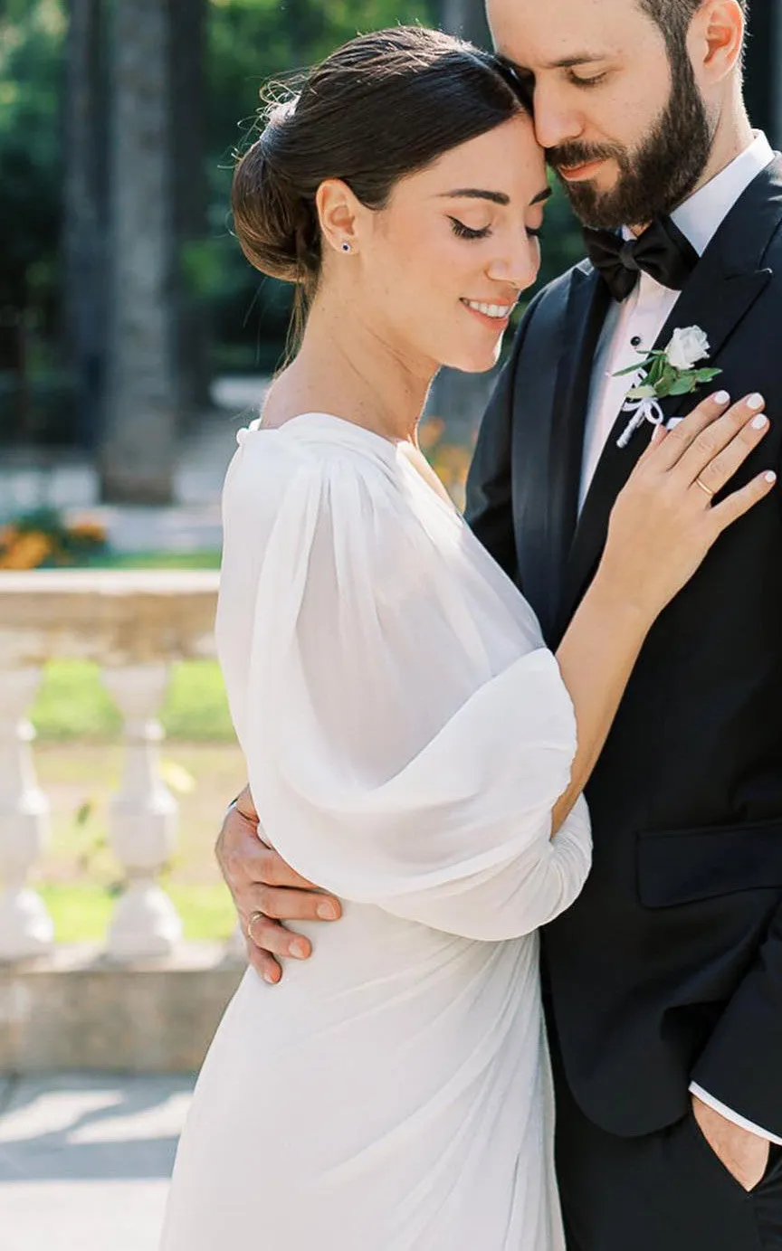 Casual Sheath Plunging Neckline Chiffon Wedding Dress With Open Back And Split Front-716610