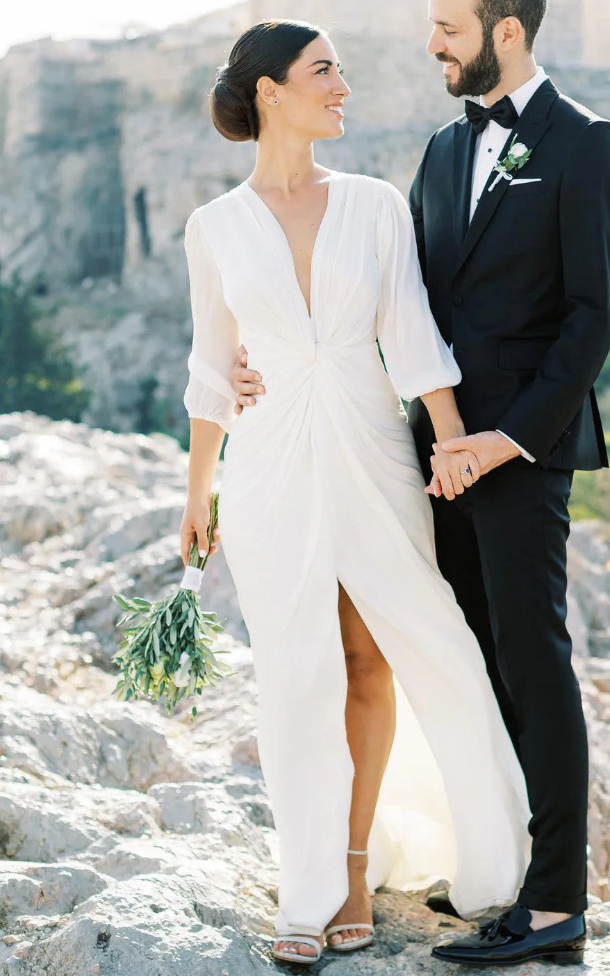 Casual Sheath Plunging Neckline Chiffon Wedding Dress With Open Back And Split Front-716610