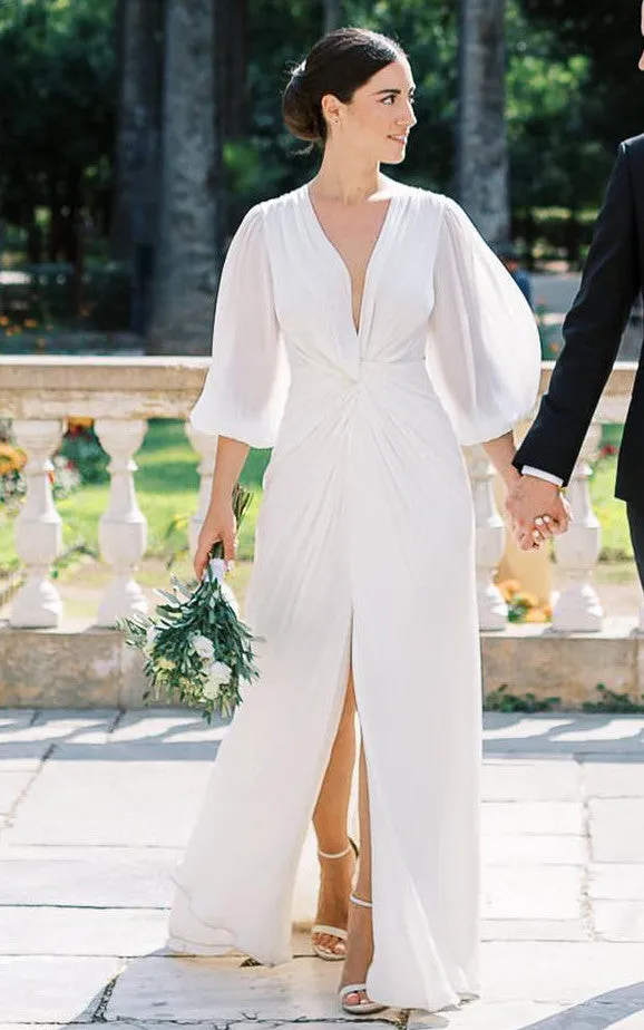 Casual Sheath Plunging Neckline Chiffon Wedding Dress With Open Back And Split Front-716610