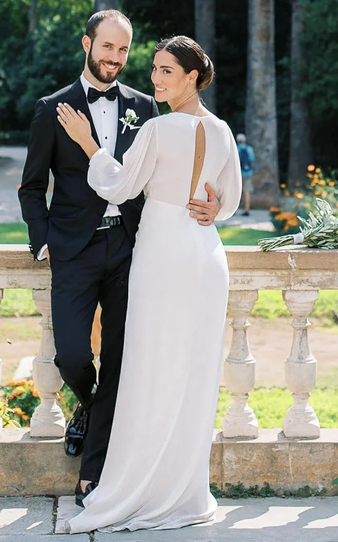 Casual Sheath Plunging Neckline Chiffon Wedding Dress With Open Back And Split Front-716610