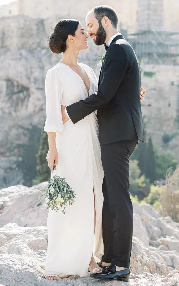 Casual Sheath Plunging Neckline Chiffon Wedding Dress With Open Back And Split Front-716610