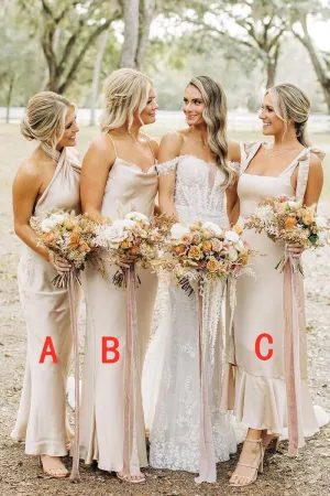 Champagne Mismatch Bridesmaid Dress Long Silk Satin Wedding Guest Dress