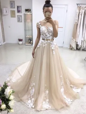 champagne wedding dresses for bride short sleeve lace applique a line elegant cheap bridal dresses robe de mariee