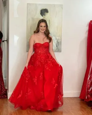 Cheap 2025 Lace Prom Dresses Red Applique Strapless A Line Formal Dress