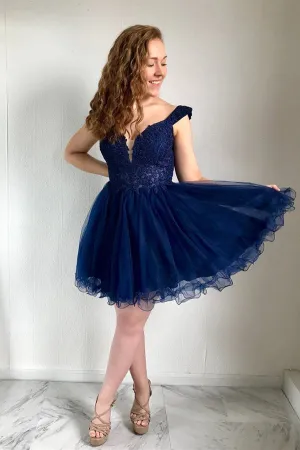 Cheap A-Line Navy Blue Lace V-Neck Homecoming Dresses , MH429