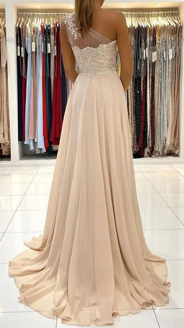 Chiffon A-line One Shoulder Lace Prom Dresses, Evening Gown, Formal Dress, MP633