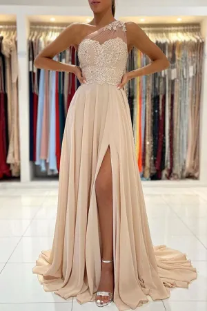Chiffon A-line One Shoulder Lace Prom Dresses, Evening Gown, Formal Dress, MP633