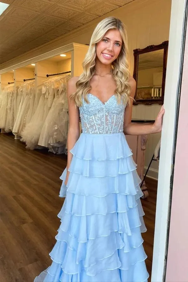 Chiffon A-line Sweetheart Lace Appliques Prom Dresses With Ruffles, MP920
