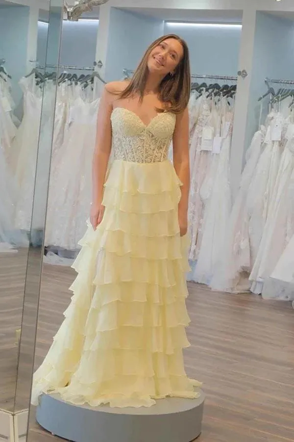 Chiffon A-line Sweetheart Lace Appliques Prom Dresses With Ruffles, MP920