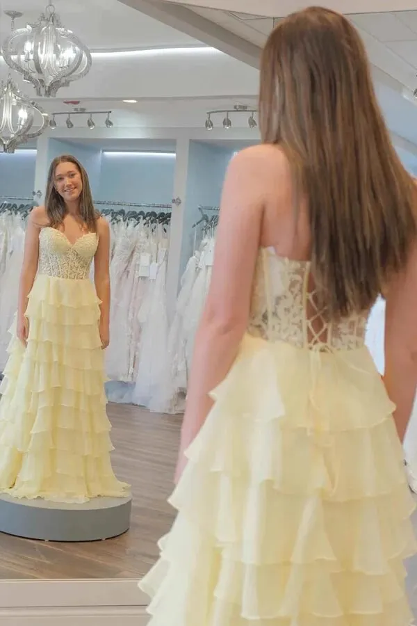 Chiffon A-line Sweetheart Lace Appliques Prom Dresses With Ruffles, MP920