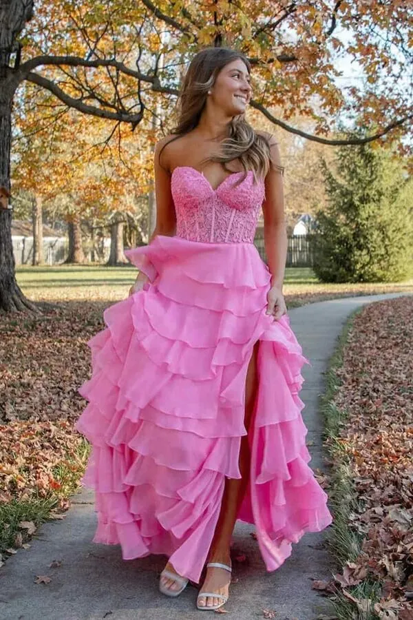 Chiffon A-line Sweetheart Lace Appliques Prom Dresses With Ruffles, MP920