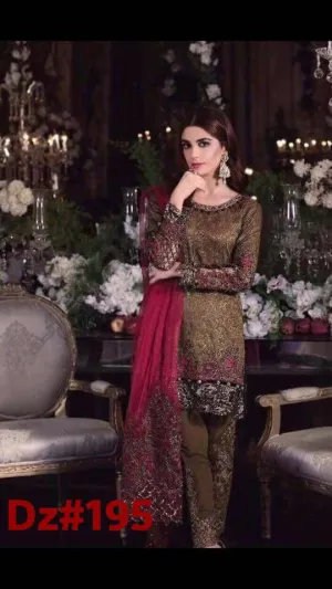 Chiffon dress by Maria b in gold brown and maroon red color Model#C 545