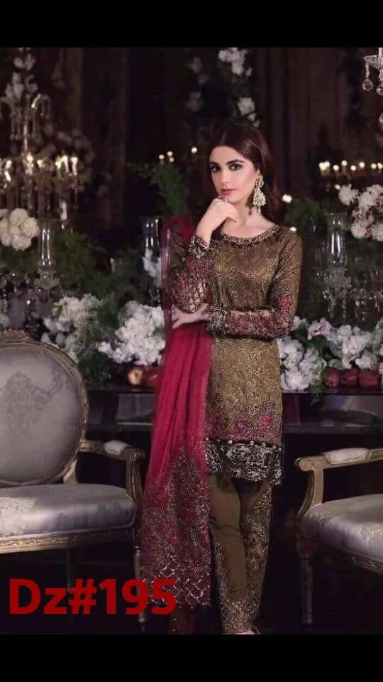 Chiffon dress by Maria b in gold brown and maroon red color Model#C 545