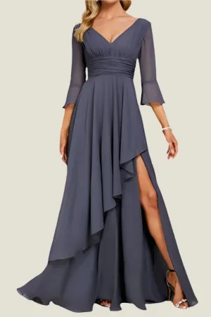 Chiffon Pleated V-Neck Ruffles Mother of The Bride Dresses
