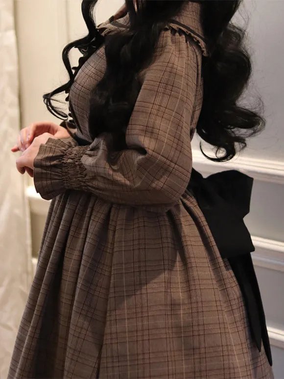 Classical Lolita Dress Polyester Ruffles Long Sleeves Lolita Dresses Plaid Academic Deep Brown