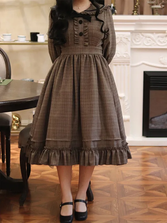 Classical Lolita Dress Polyester Ruffles Long Sleeves Lolita Dresses Plaid Academic Deep Brown