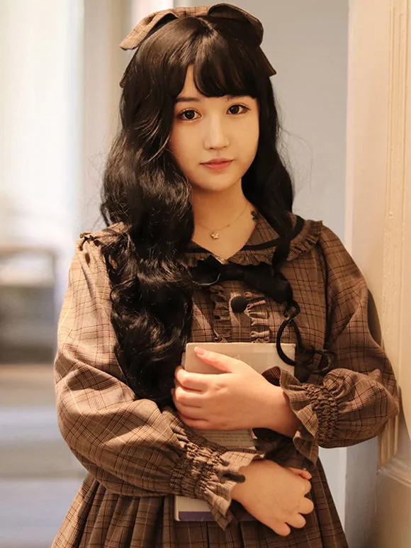 Classical Lolita Dress Polyester Ruffles Long Sleeves Lolita Dresses Plaid Academic Deep Brown