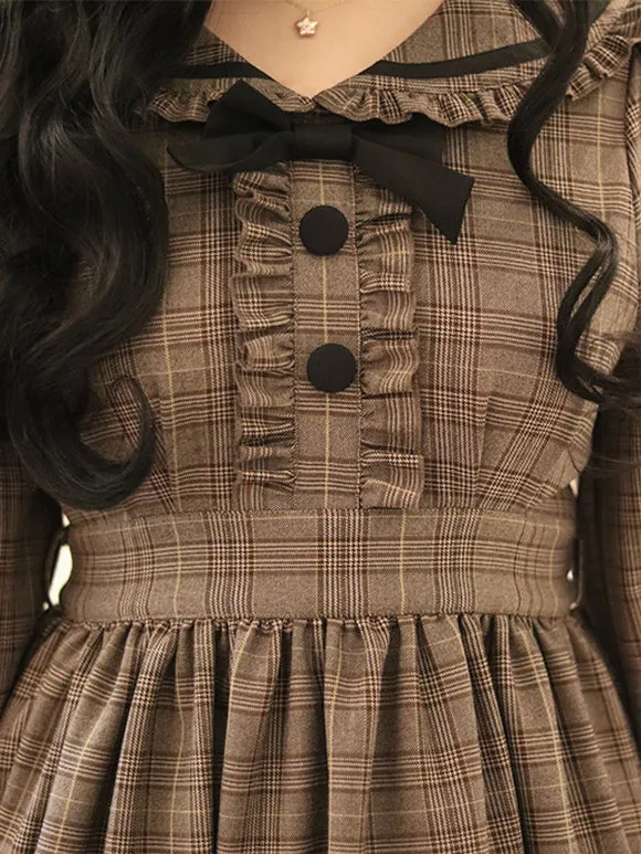 Classical Lolita Dress Polyester Ruffles Long Sleeves Lolita Dresses Plaid Academic Deep Brown