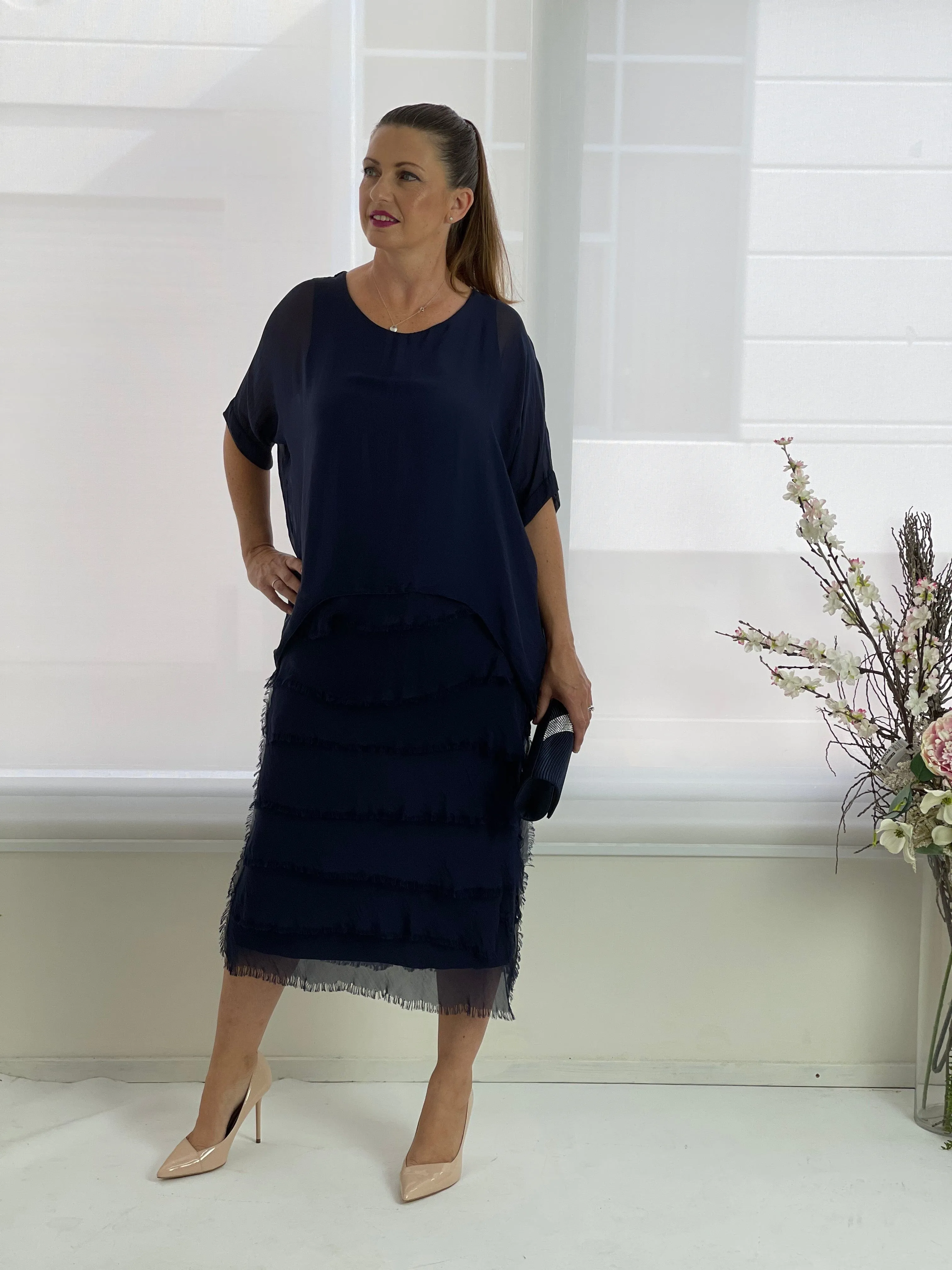 Clyde Navy Silk Dress