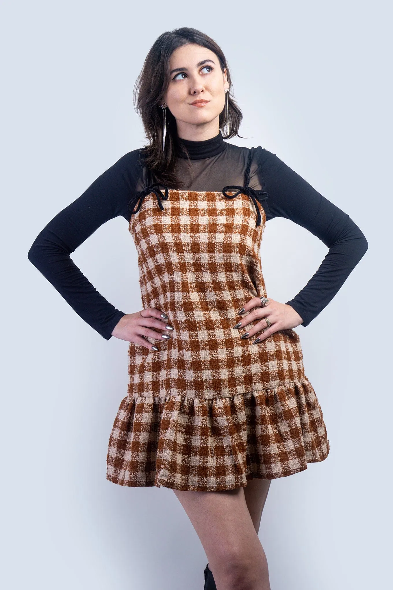 Cognac Velvet Bow Trim Tweed Mini Dress
