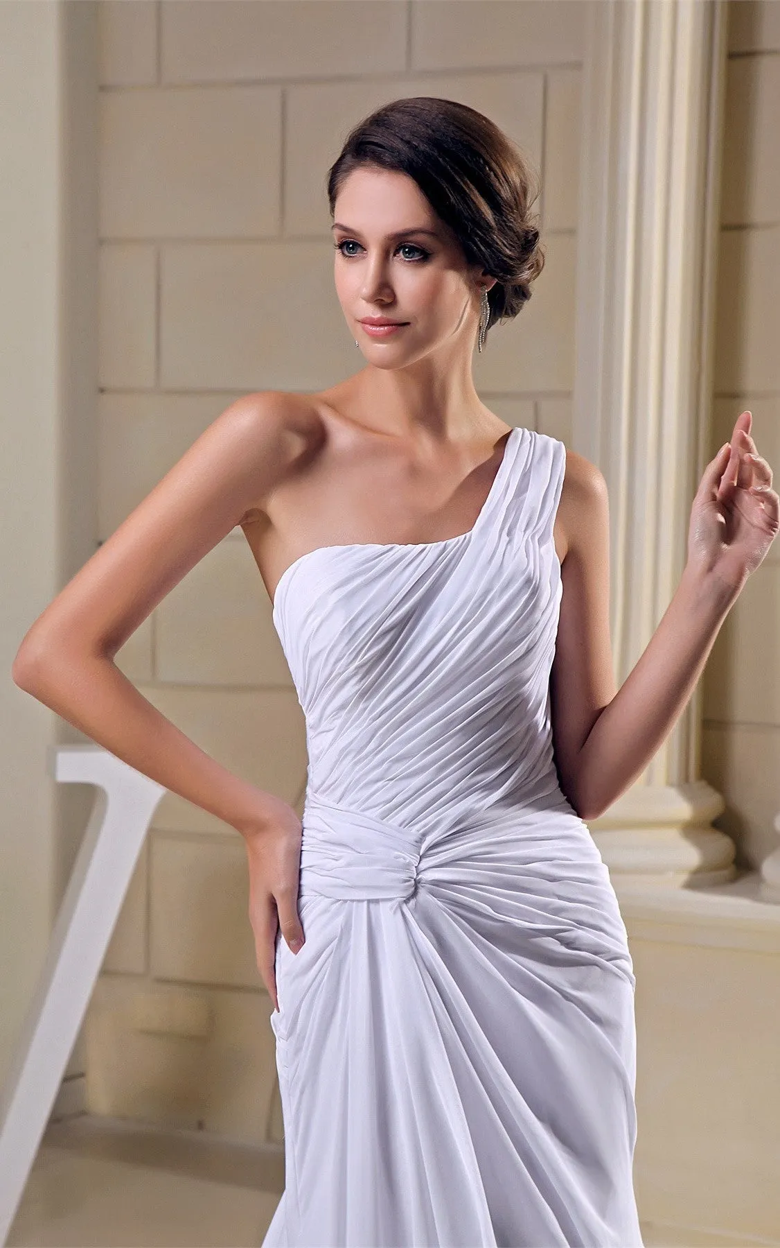 Criss-Cross One-Shoulder Ruched Chiffon Gown with Pleats and Court Train-GC_706330