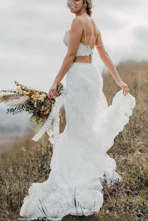 Crop Top Lace Two Piece Boho Spaghetti Straps Wedding Dresses, MW509