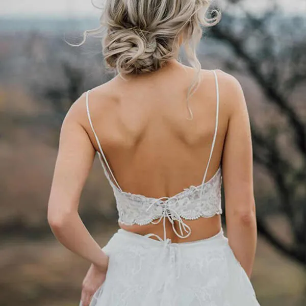 Crop Top Lace Two Piece Boho Spaghetti Straps Wedding Dresses, MW509