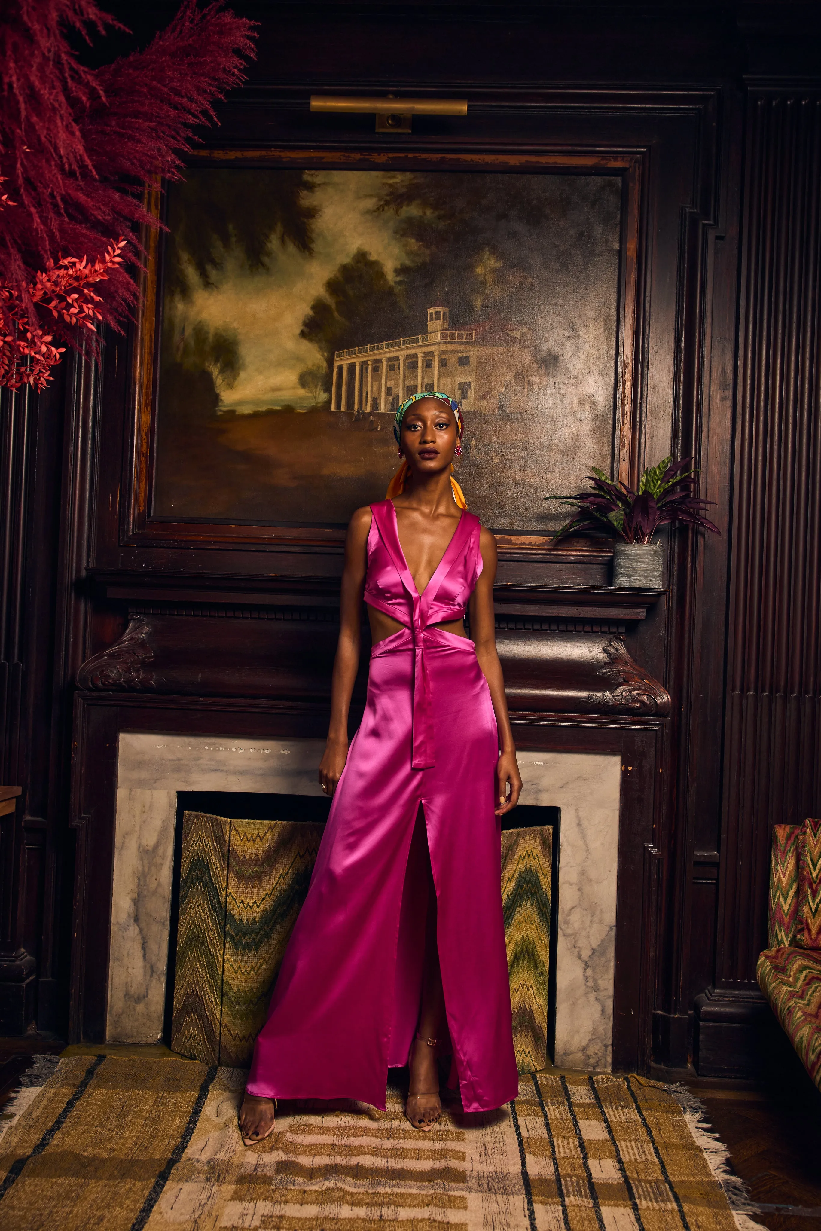 Cut Out  Maxi Dress with Sailor Collar-Fucsia