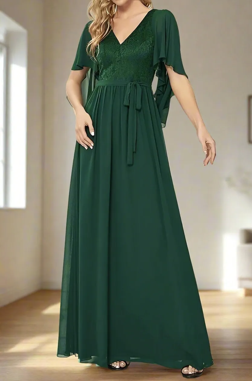 Dark Green Chiffon V Neck Floor Length A-Line Mother of the Bride Dress