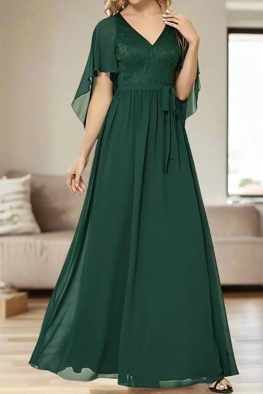 Dark Green Chiffon V Neck Floor Length A-Line Mother of the Bride Dress