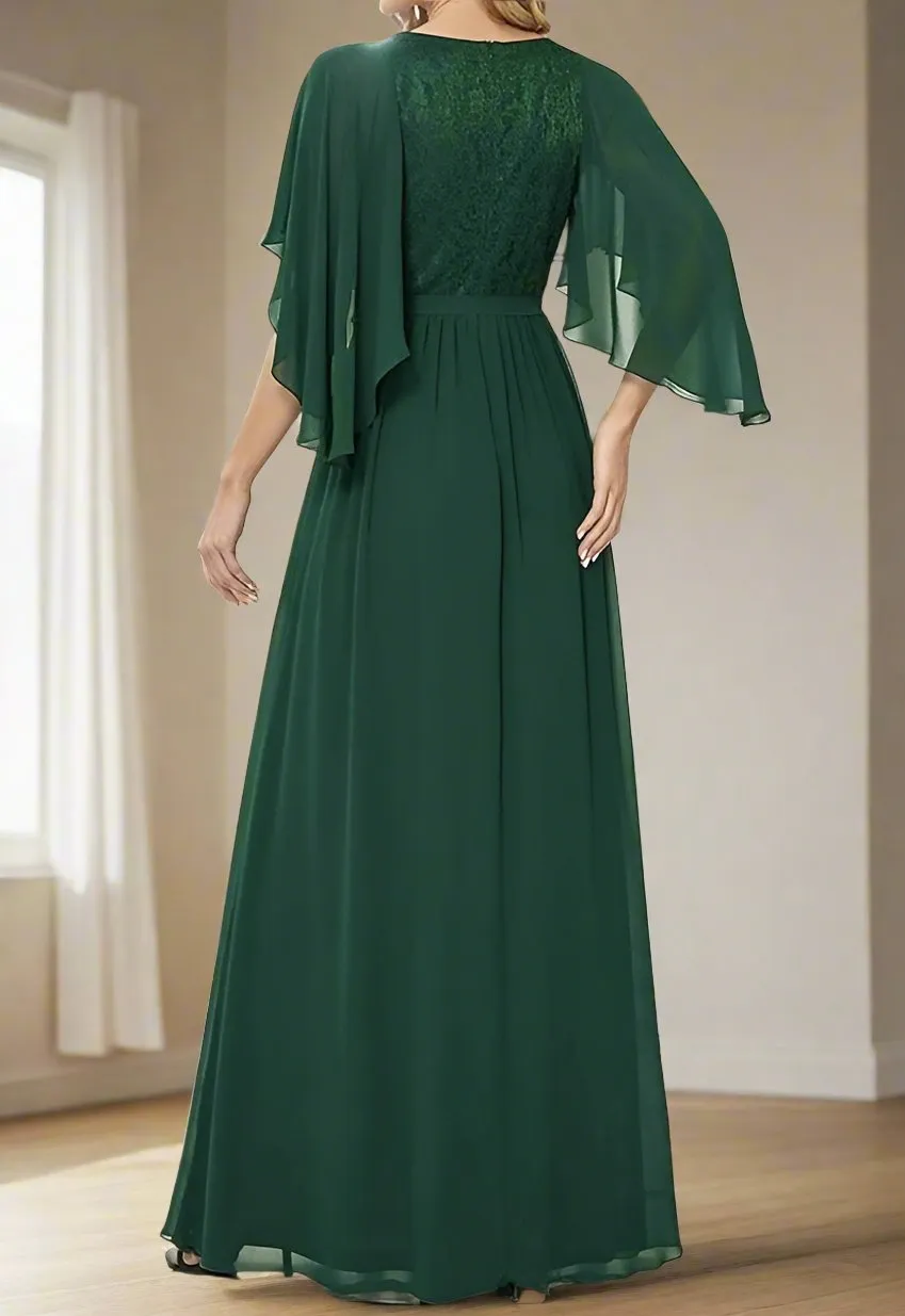 Dark Green Chiffon V Neck Floor Length A-Line Mother of the Bride Dress