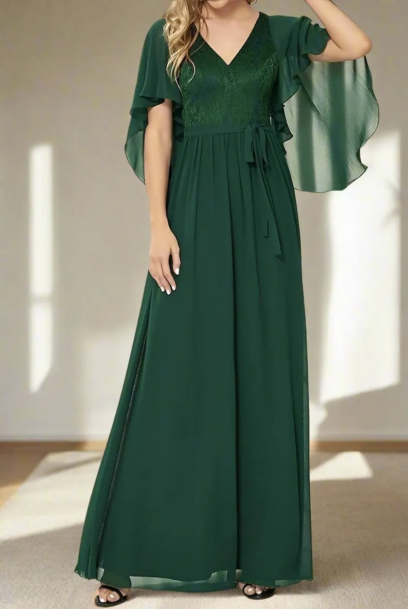 Dark Green Chiffon V Neck Floor Length A-Line Mother of the Bride Dress