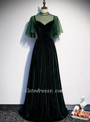 Dark Green Velvet with Puffy Sleeves Tulle Prom Dresses, A-line Green Party Dresses Formal Dress