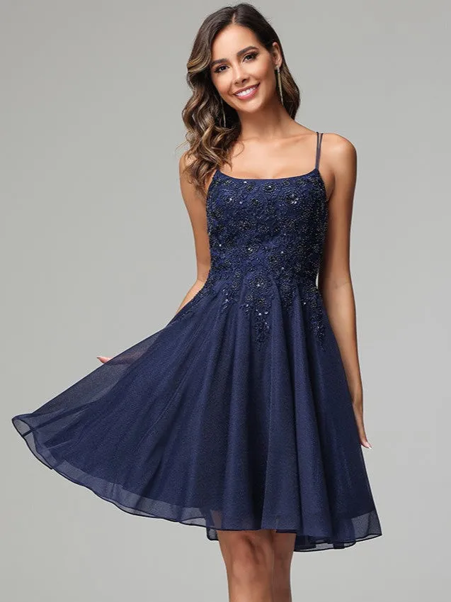 Dark Navy A-line Spaghetti Straps Chiffon Homecoming Dress with Beads