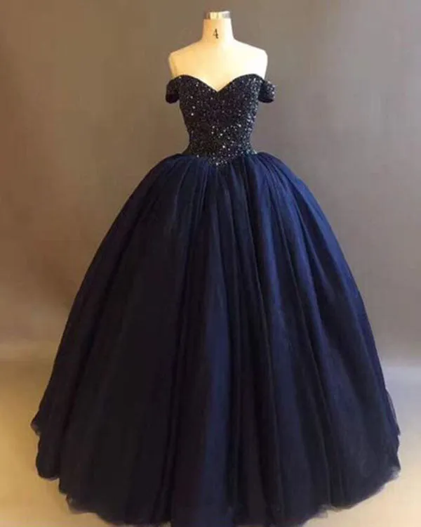 Dark Navy Blue Quinceanera Dresses with Rhinestones Beaded Elegant Puffy Ball Gowns Sweet 16 Dress Vestido