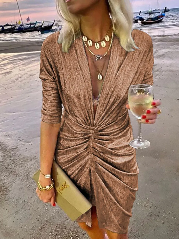 Deep V Neck Draped Silk Slim Slit Mini Dress