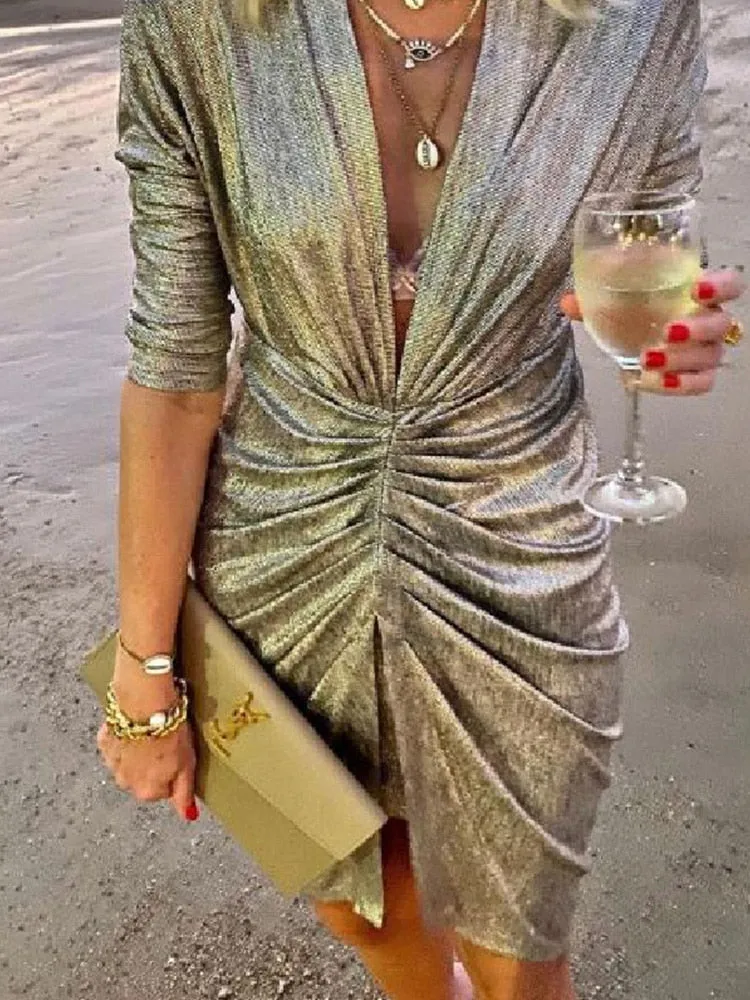 Deep V Neck Draped Silk Slim Slit Mini Dress